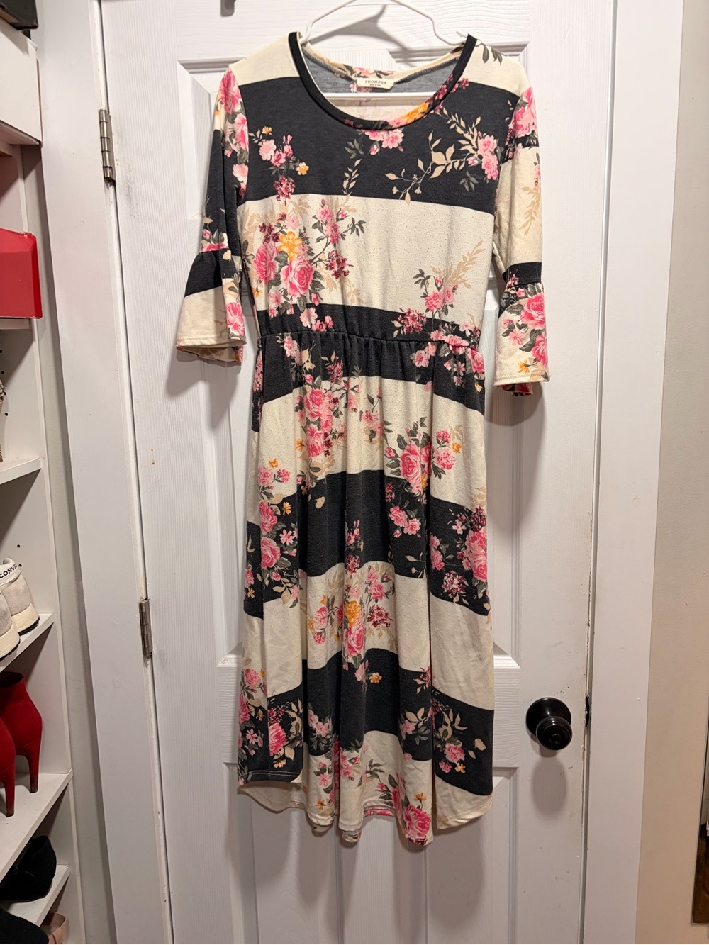 Floral Stripe Midi Dress in Cream and Black
